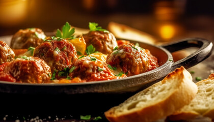 Freshly cooked gourmet meatball appetizer on rustic wooden table generated by AI