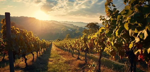 Papier Peint photo autocollant Vignoble A panoramic scene of rolling vineyards at sunset in a peaceful countryside,