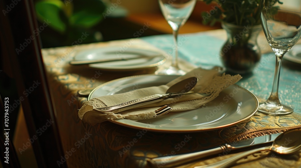Aufkleber a picture of a table setting with silverware and a vase of flowers. perfect for home decor or dining