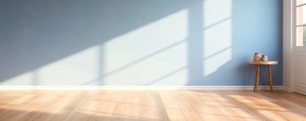 Light indigo wall and wooden parquet floor, sunrays and shadows from window - obrazy, fototapety, plakaty