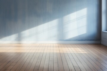 Light indigo wall and wooden parquet floor, sunrays and shadows from window - obrazy, fototapety, plakaty