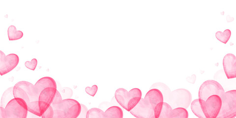 Horizontal background of pink watercolor hearts for congratulations on Valentine's Day. Design for decorating a wedding card. Vector illustration.