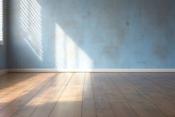 Light indigo wall and wooden parquet floor, sunrays and shadows from window