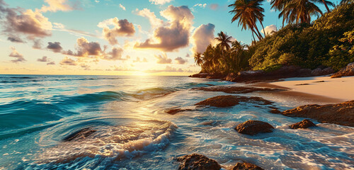A panoramic shot of a tropical beach with palm trees and crystal-clear water at sunrise,