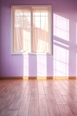 Light lavender wall and wooden parquet floor, sunrays and shadows from window