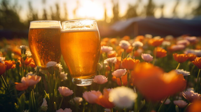Product photograph of Two Beer pint glass in a field of blooming flowers. Sunlight. Orange color palette. Drinks. 