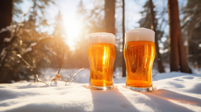 Product photograph of Two Beer pint glass in the snow In a winter forest. Sunlight.  Orange color palette. Drinks. 