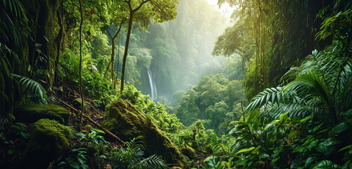 A panoramic view of a lush rainforest with a visible canopy layer and a distant waterfall,