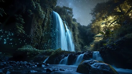 A cascading waterfall illuminated by bioluminescent moss under a star-studded night sky