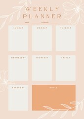 Weekly daily planner elegant, gentle, minimalistic with plant element, everyday note, peach color