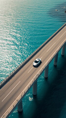 A pearl white supercar cruising on a long bridge over turquoise waters during midday