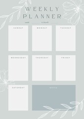 Weekly daily planner elegant, gentle, minimalistic with plant element, everyday note, grey color