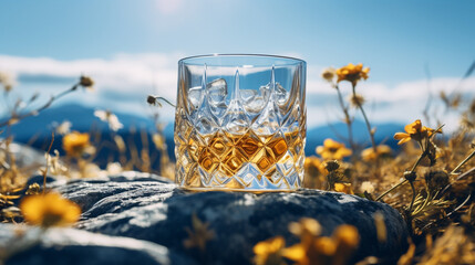 Fototapeta na wymiar Product photograph of Whisky rock glass in a field of blooming flowers. Sunlight. Blue color palette. Drinks. 