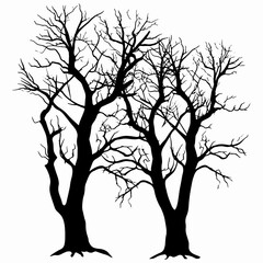 Black Branch Tree or Naked trees silhouettes on white background. Hand drawn isolated illustrations