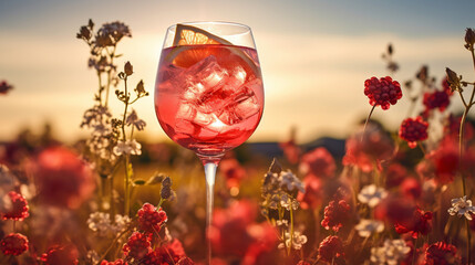 Product photograph of Gin Tonic sparkling cocktail with lime  in a field of blooming flowers. Sunlight. Red color palette. Drinks.  - obrazy, fototapety, plakaty