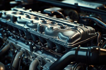 A detailed view of the engine in a car. This image can be used to showcase automotive technology and mechanics - obrazy, fototapety, plakaty
