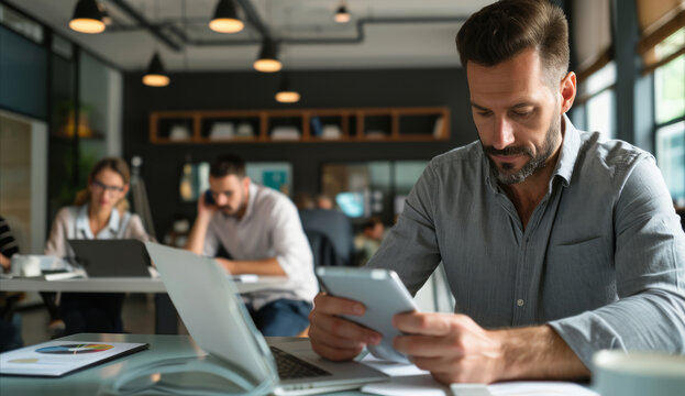 Man, boardroom and holding a tablet in an office for collaboration, teamwork and corporate meeting. Confident, male executive sitting alone for finance planning, strategy and leadership in workplace