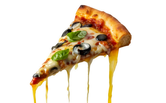pizza slice dripping cheese, white and transparent background isolated