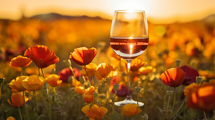 Product photograph of Wine glass in a field of blooming flowers. Sunlight. Orange color palette. Drinks.  - obrazy, fototapety, plakaty