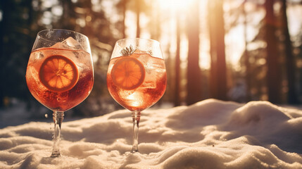 Product photograph of Two Gin Tonic sparkling cocktail with lime  in the snow In a winter forest. Sunlight.  Red color palette. Drinks. 