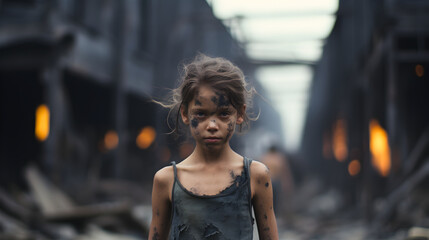 A girl with burned skin stands in front of wreckage of buildings, natural disaster or war victim, homeless child, close up