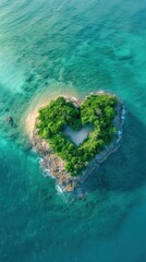 
An aerial view of a paradise island shaped like a heart, creating a romantic and dreamy atmosphere for a perfect holiday getaway.