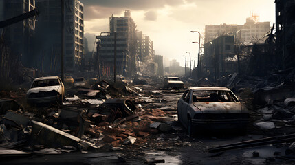 A post-apocalyptic ruined city. Destroyed buildings, burnt-out vehicles and broken roads