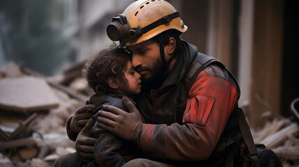 A rescue worker in warzone or earthquake comforting a survivor child