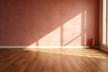 Light maroon wall and wooden parquet floor, sunrays and shadows from window 