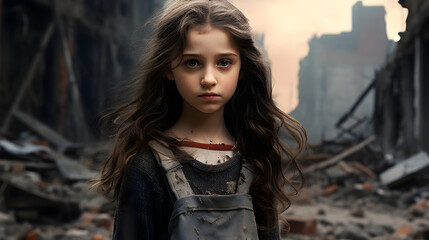 Fototapeta premium A sad girl stands against a collapsed building area, natural disaster victim