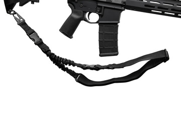 Black nylon shoulder strap for a gun isolated on white back