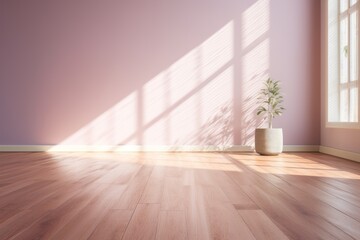 Fototapeta na wymiar Light mauve wall and wooden parquet floor, sunrays and shadows from window