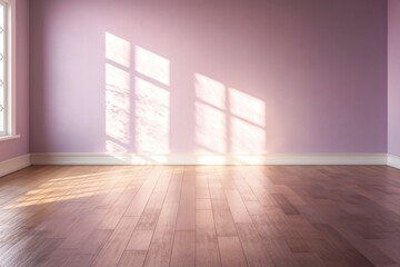 Light mauve wall and wooden parquet floor, sunrays and shadows from window