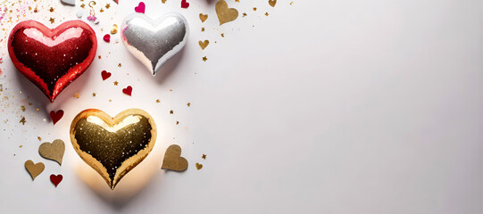 Valentine's day banner with glittering hearts on white background.Abstract Love,Valentines Day, Wedding or other celebration concept for design with copy space.AI generated.