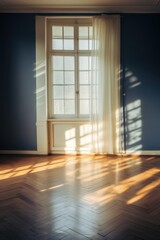 Light navy wall and wooden parquet floor, sunrays and shadows from window