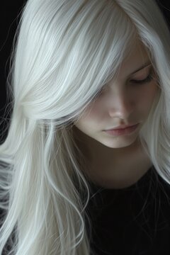 A woman with long white hair looking down. Suitable for fashion, beauty, and introspective themes
