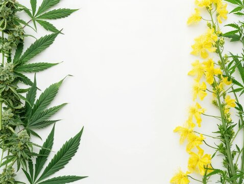 Cannabis on the left side of picture and rapeseed on the right side, white background