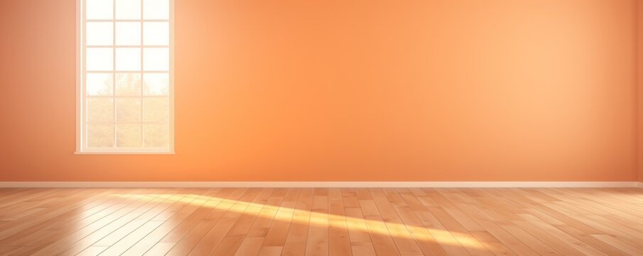 Light orange wall and wooden parquet floor, sunrays and shadows from window