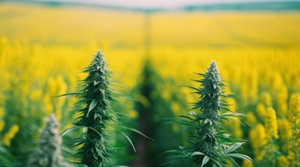 Lush cannabis on the left side of picture and lush rapeseed on the right side, free space for text...