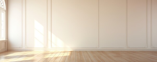 Light pearl wall and wooden parquet floor, sunrays and shadows from window