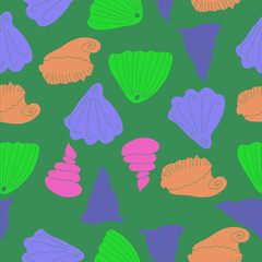 Seamless ornament colored  seashells . Hand drawn.