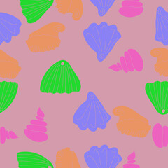 Seamless composition  colored  seashells . Hand drawn.