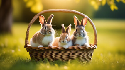 Beautiful Easter bunnies in a basket on the blurred garden background 