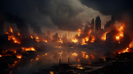 Burning city Warzone city filled with smoke and fire