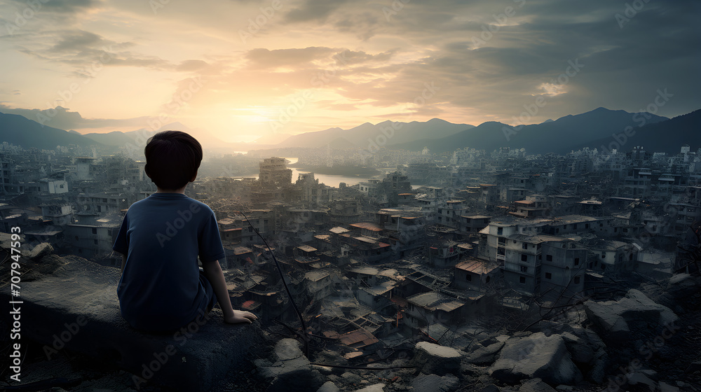 Wall mural Lonely child looks down to ruined city after earthquake