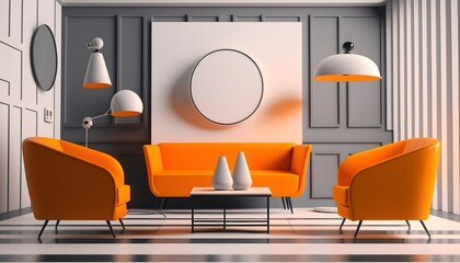 living room background, minimalist, slim, 8k, photorealistic. - obrazy, fototapety, plakaty