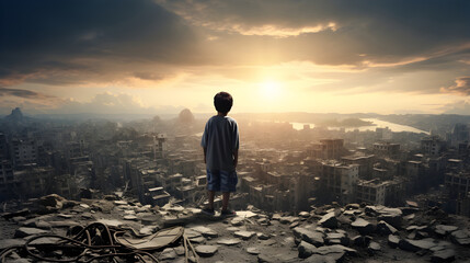 Lonely child looks down to ruined city after earthquake - obrazy, fototapety, plakaty
