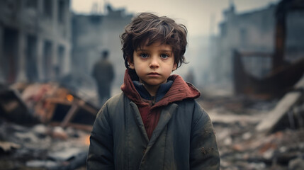 Poorness on the child's face. Sad little kid Refugee kid in a destroyed city by bombs or earthquake
