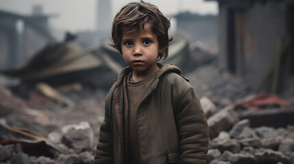 Poverty and poorness on the child's face. Sad little kid. Refugee. City destroyed by bombs or earthquake