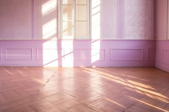 Light purple wall and wooden parquet floor, sunrays and shadows from window 